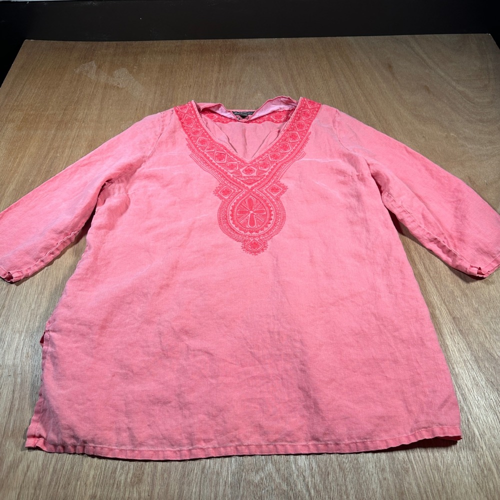 Tommy Bahama Tunic Women XL Salmon Pink Linen Embroidered V-Neck 3/4 Sleeve Boho